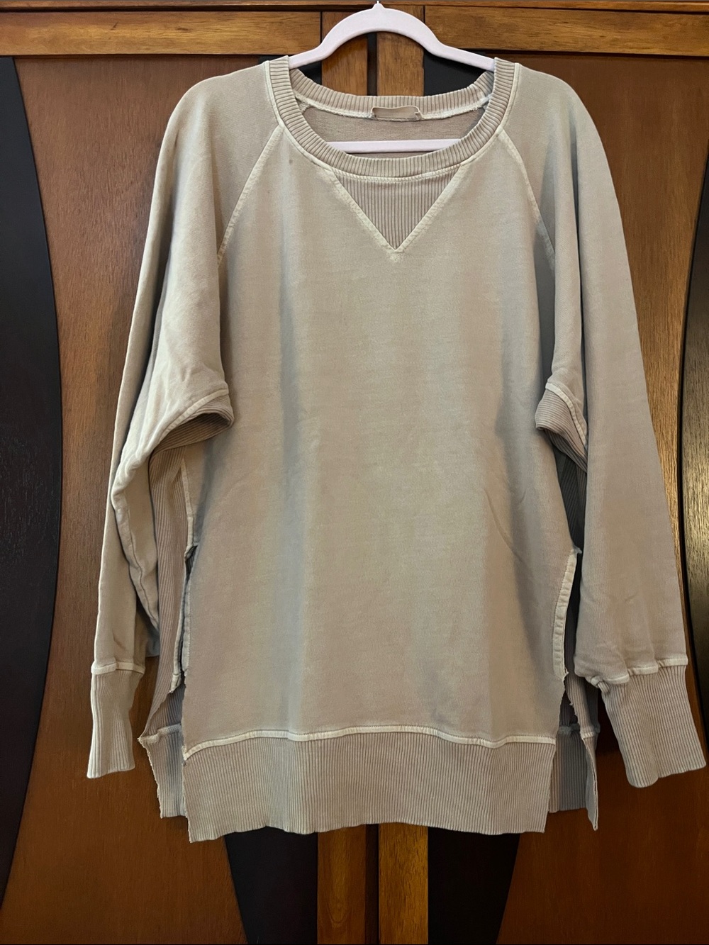 Zenana Oversized Crewneck Sweatshirt in Light Taupe w/Dark Taupe Ribbed Accents